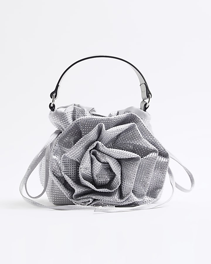 Silver Corsage Diamante Top Handle Bucket Bag