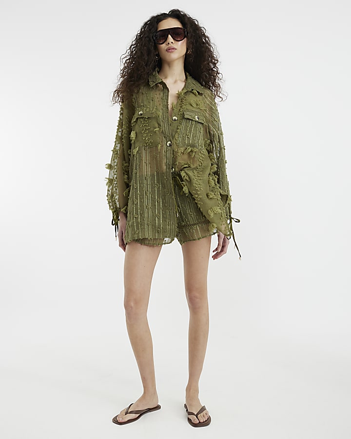 Khaki Sheer 3D Flower Beach Shirt