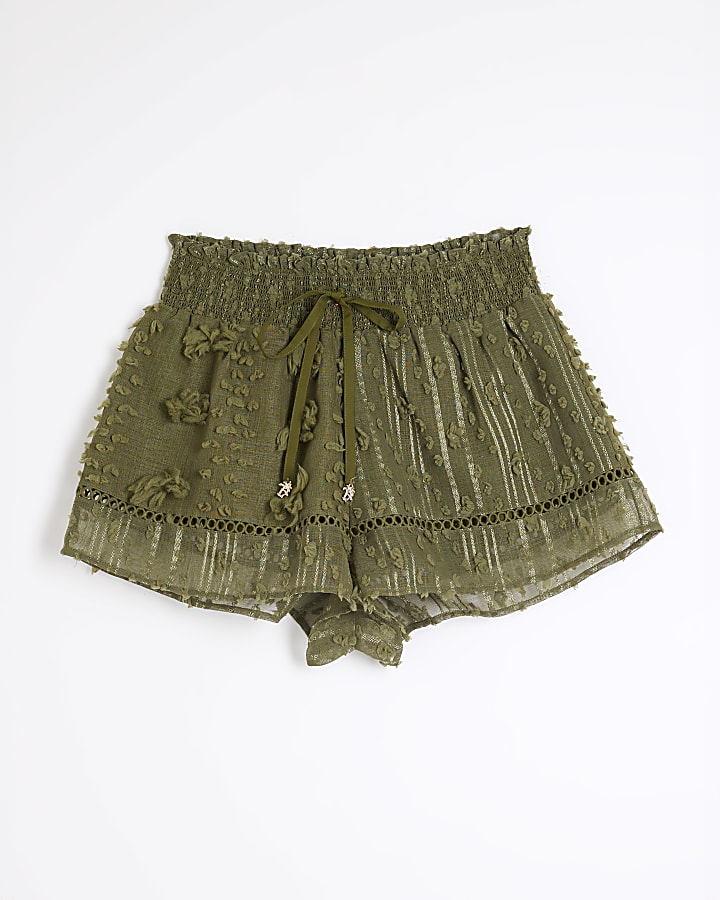 Khaki Sheer 3D Floral Beach Shorts