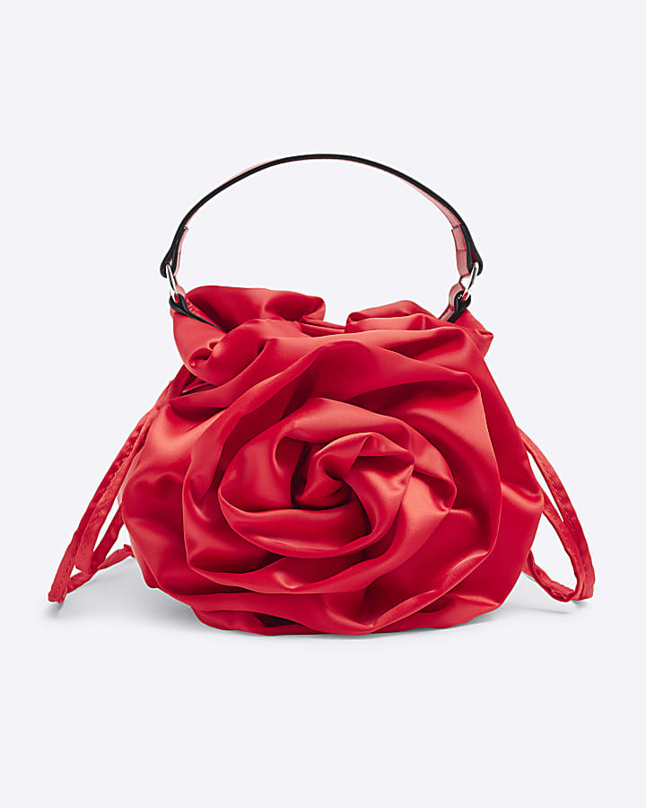 Red Satin Flower Corsage Clutch Bag