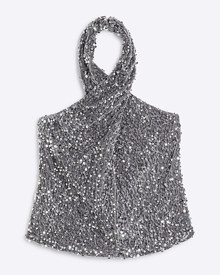 Grey Velvet Sequin Halter Neck Top