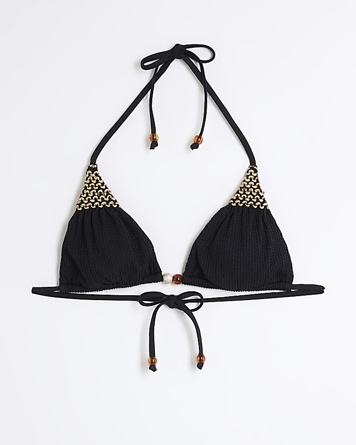 Black Textured Elastic Beaded Bikini Top