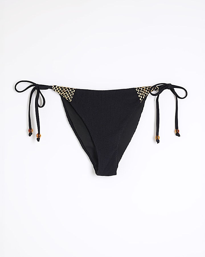 Black Textured Side Tie Bikini Bottoms