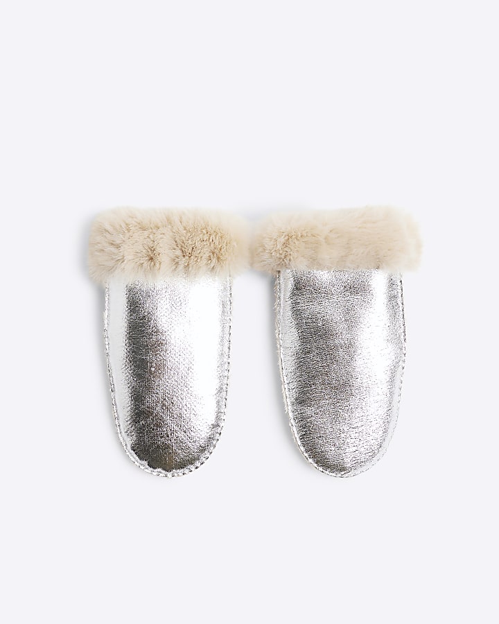 Silver Faux Fur Metallic Mittens