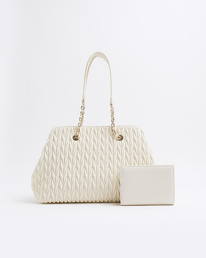 Cream Scrunch Quilted Tote Bag Bundle