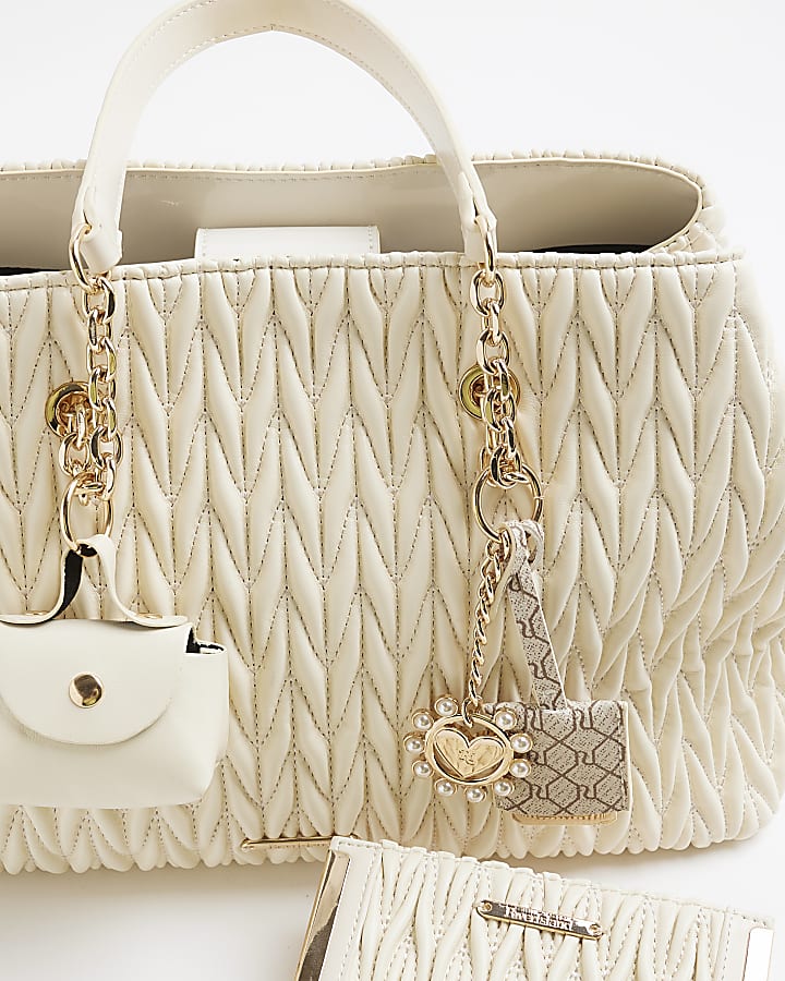 Cream Scrunch Quilted Tote Bag Bundle