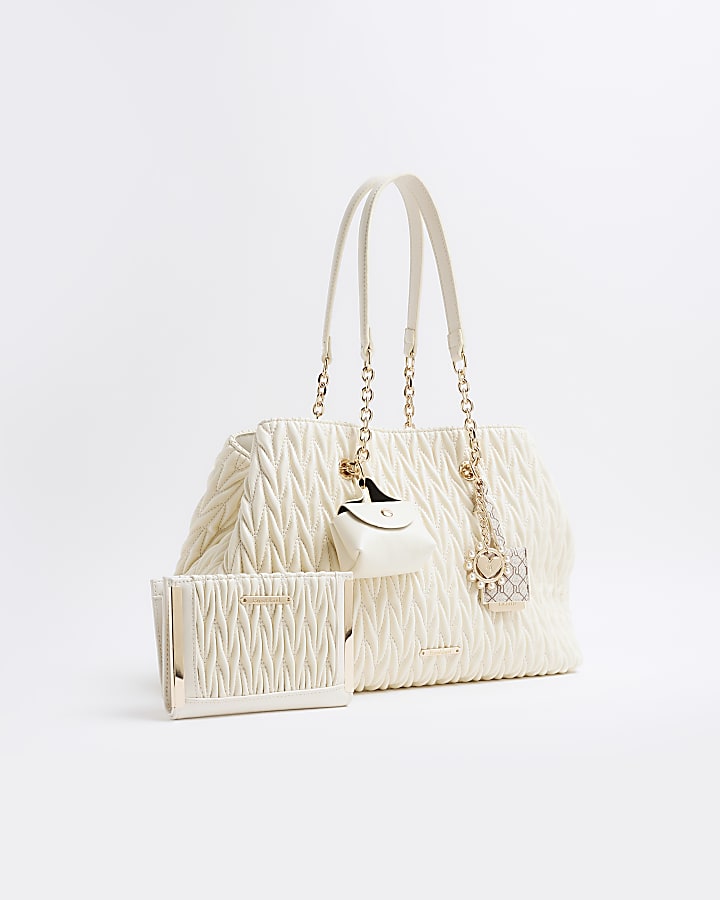 Cream Scrunch Quilted Tote Bag Bundle