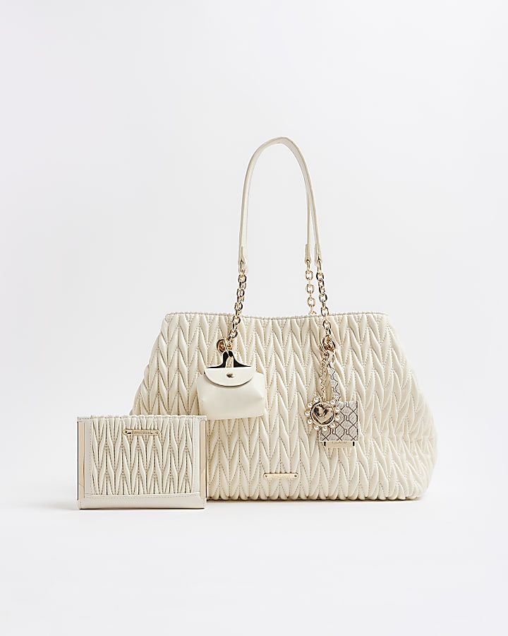 Cream Scrunch Quilted Tote Bag Bundle River Island