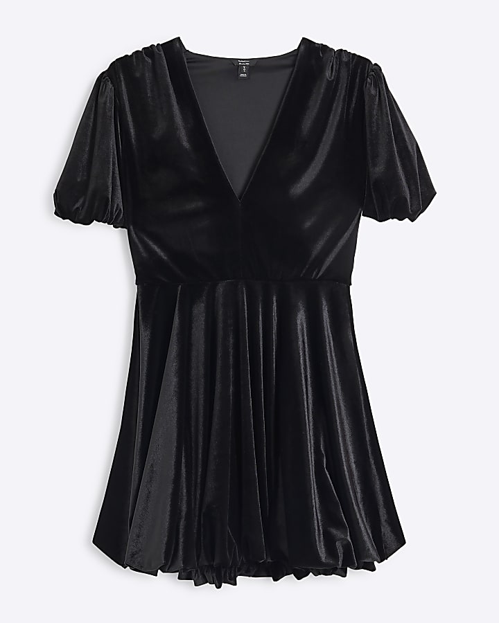 Black Short Sleeved Velvet V-Neck Mini Dress