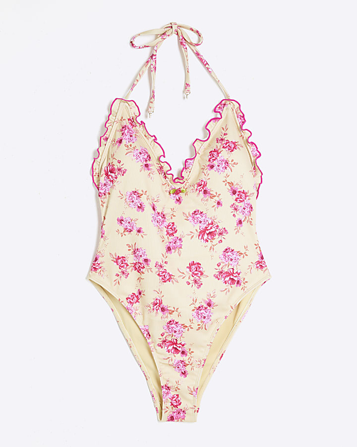 Petite Yellow Floral Halterneck Swimsuit