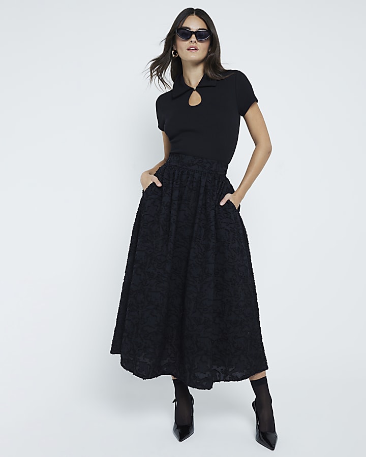 Black Textured Prom Midi Skirt River Island