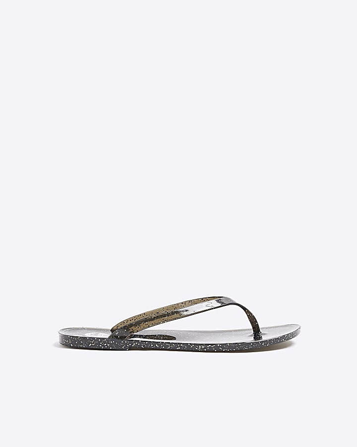 Black metallic jelly flip flop sandals River Island