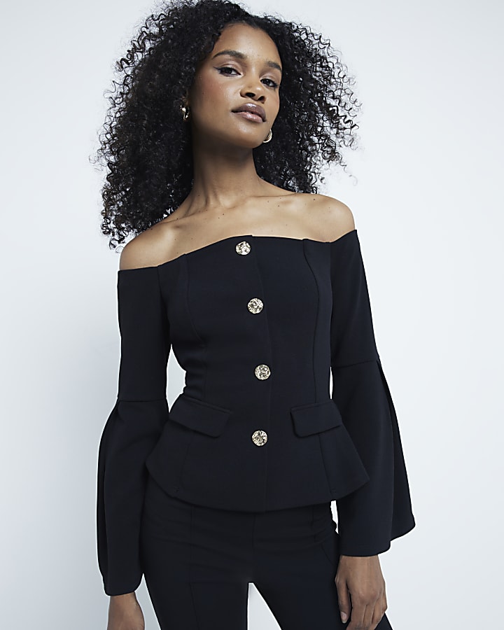 Black scuba bardot off the shoulder jacket River Island