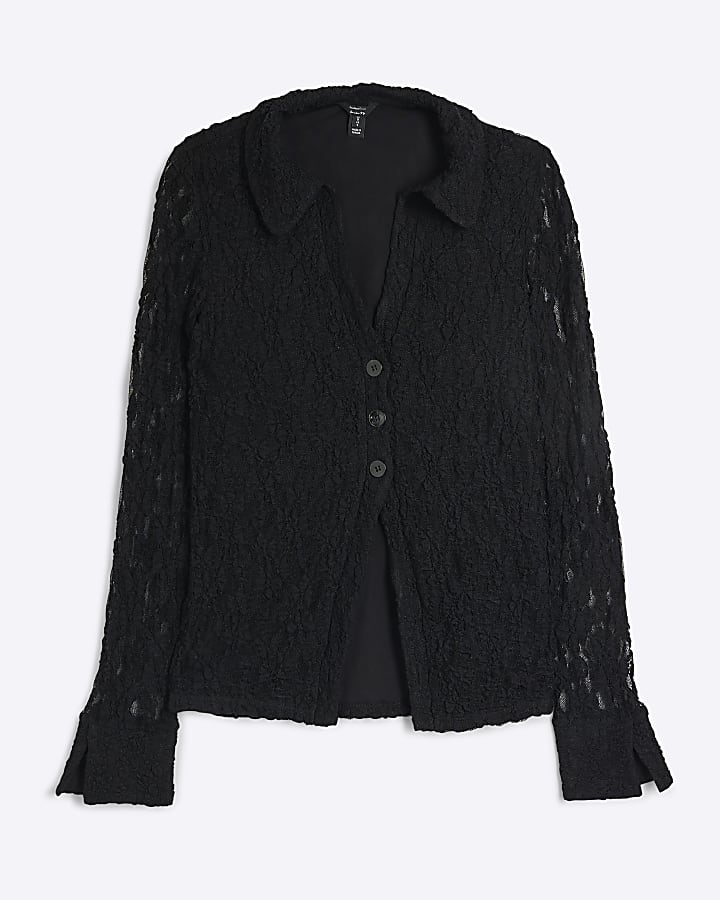 Black Lace Sheer Long Sleeve Shirt