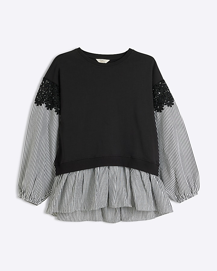 Black stripe lace trim hybrid sweatshirt