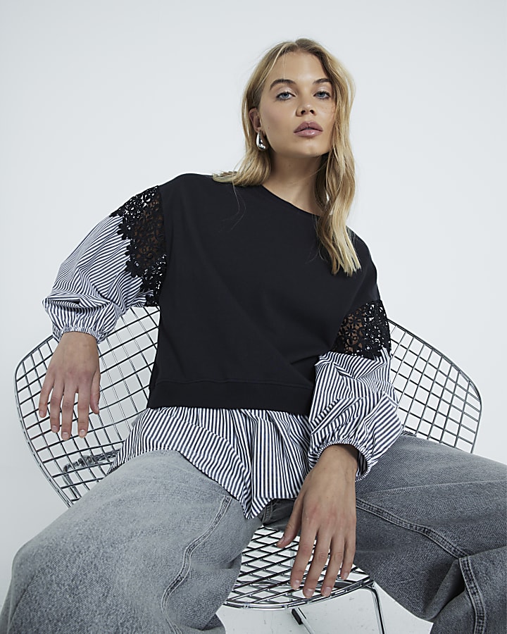 Black stripe lace trim hybrid sweatshirt River Island