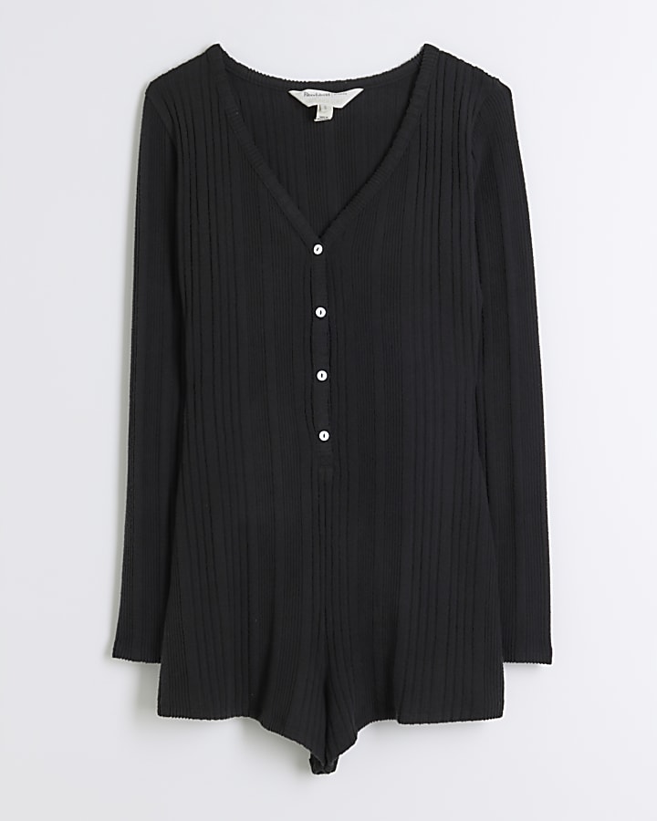 Black Long Sleeve Ribbed Loungewear Playsuit