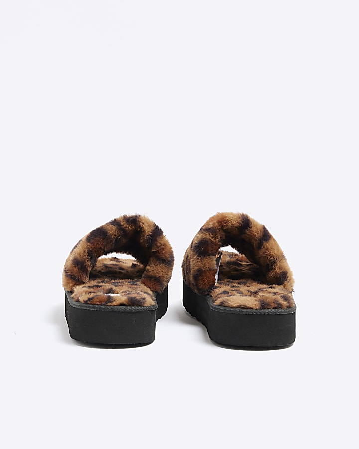 Brown Faux Fur Leopard Platform Slippers