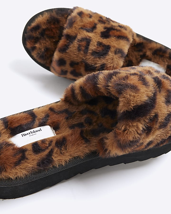 Brown Faux Fur Leopard Platform Slippers