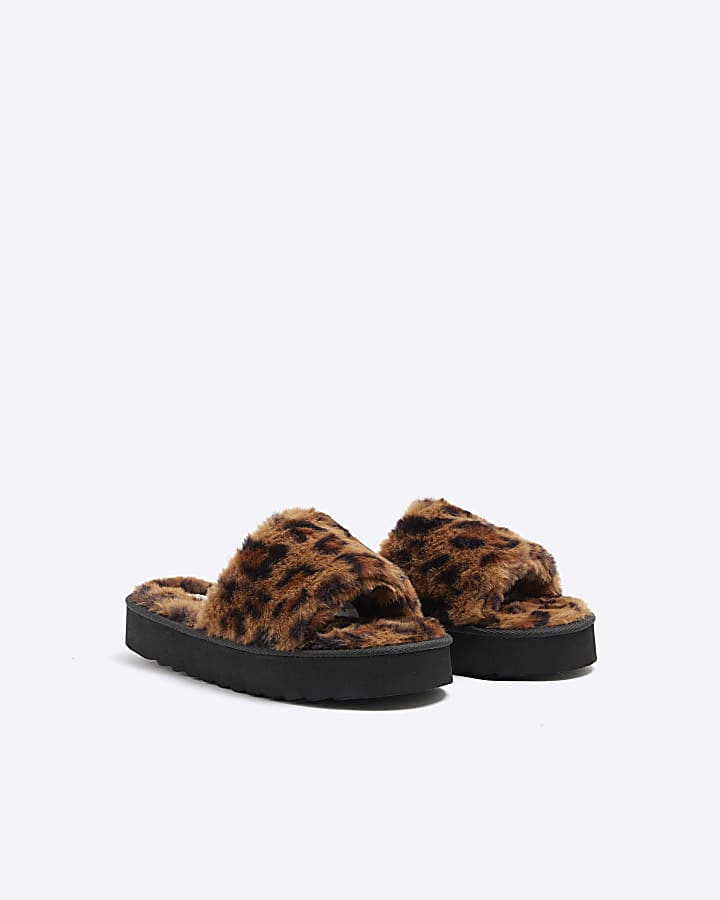 Brown Faux Fur Leopard Platform Slippers
