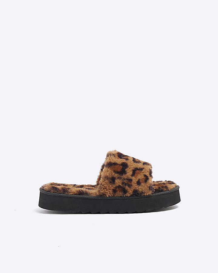 Brown Faux Fur Leopard Platform Slippers