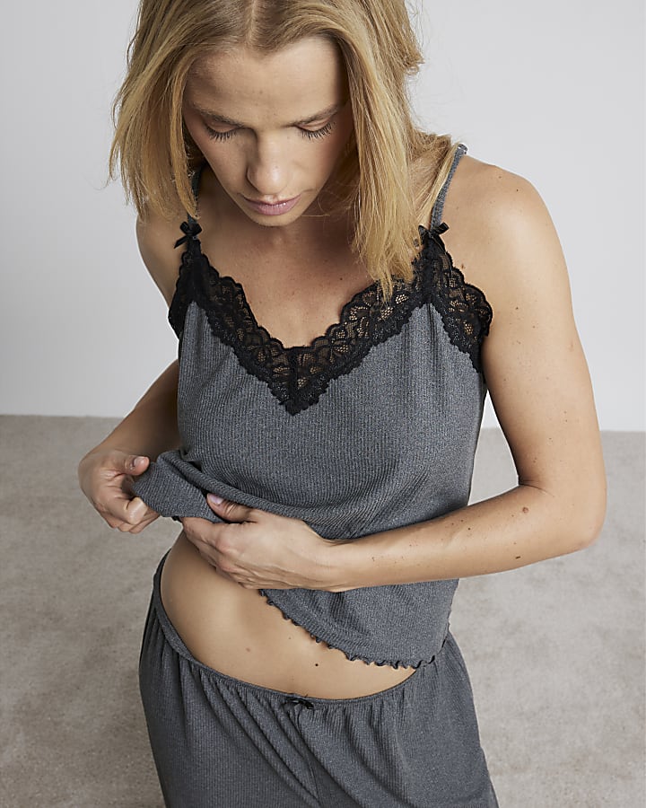 Grey Lace Trim Cami and Trousers Pyjamas Set