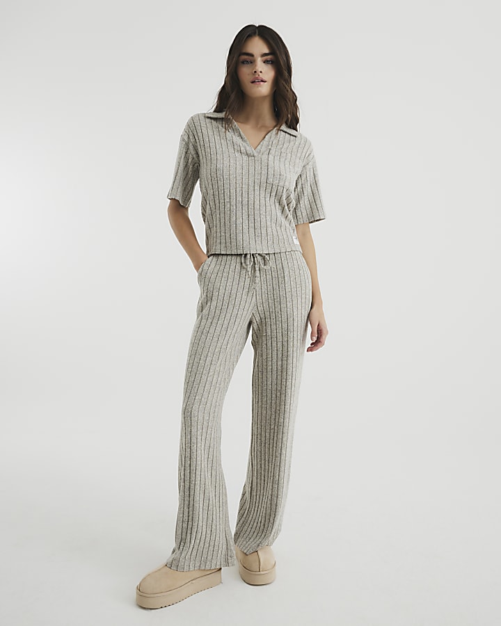 Brown Marl Ribbed Button Loungewear Top