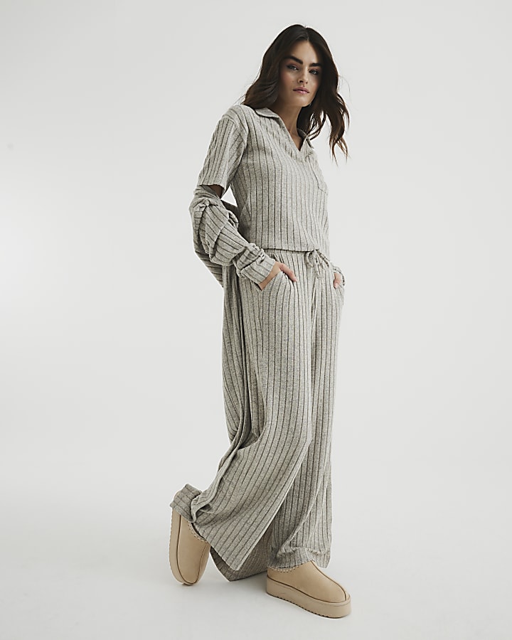 Brown Ribbed Wide Leg Loungewear Trousers