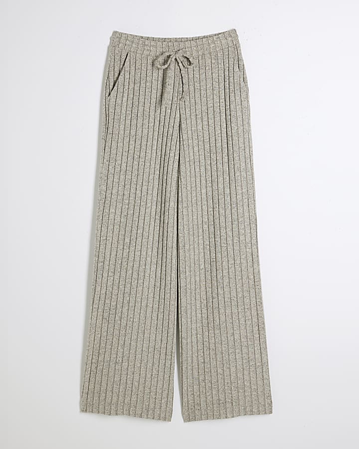 Brown Ribbed Wide Leg Loungewear Trousers