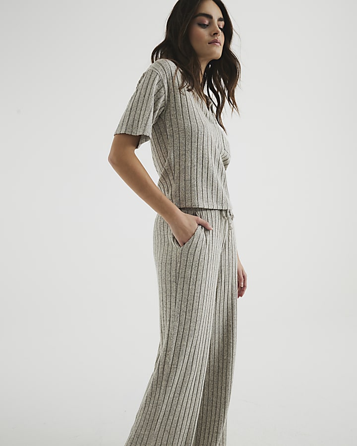 Brown Ribbed Wide Leg Loungewear Trousers