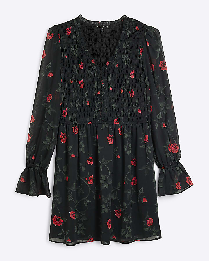 Black Shirred Floral Print Mini Dress