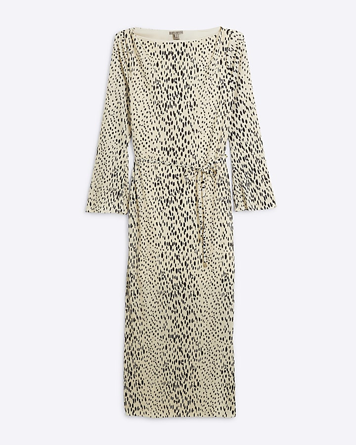 Beige Leopard Print Plisse Bodycon Midi Dress
