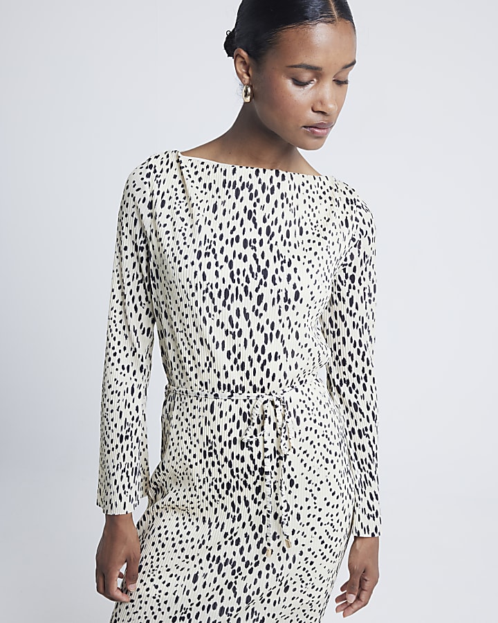 Beige Leopard Print Plisse Bodycon Midi Dress