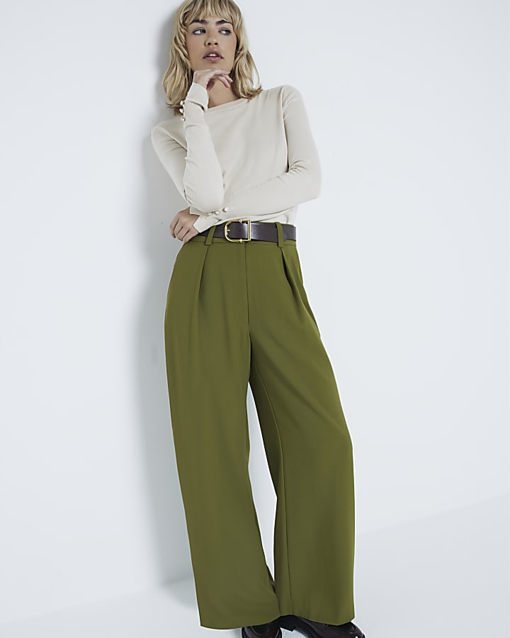 Green Belted Wide Leg Trousers