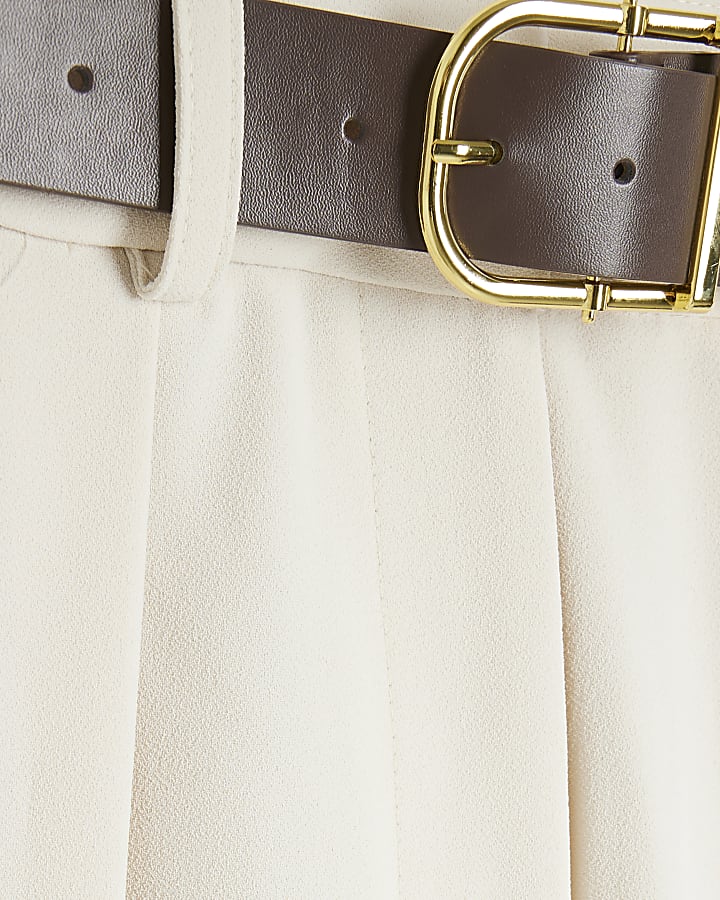 Cream Belted Wide Leg Trousers