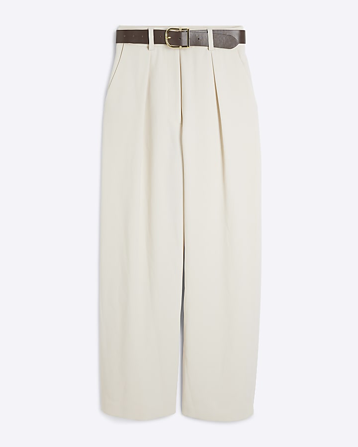 Cream Belted Wide Leg Trousers