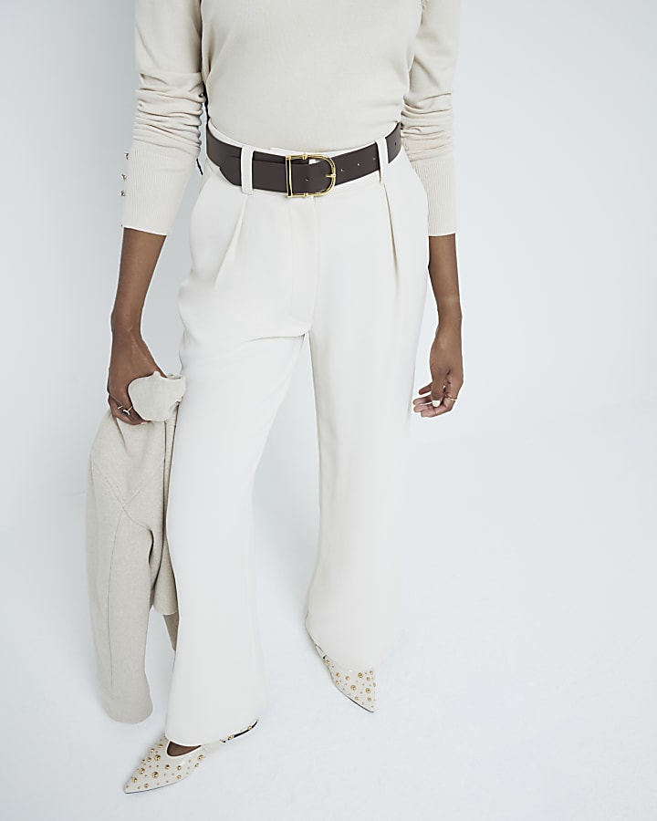 Cream Belted Wide Leg Trousers