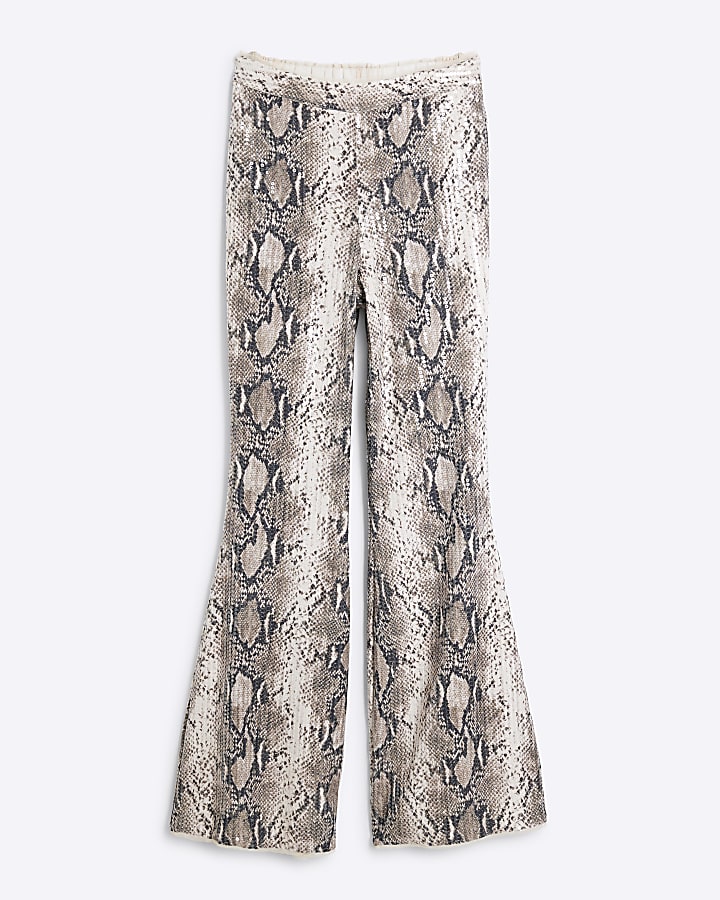 Beige Sequin Snake Print Flare Trousers