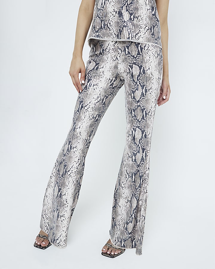 Beige Sequin Snake Print Flare Trousers