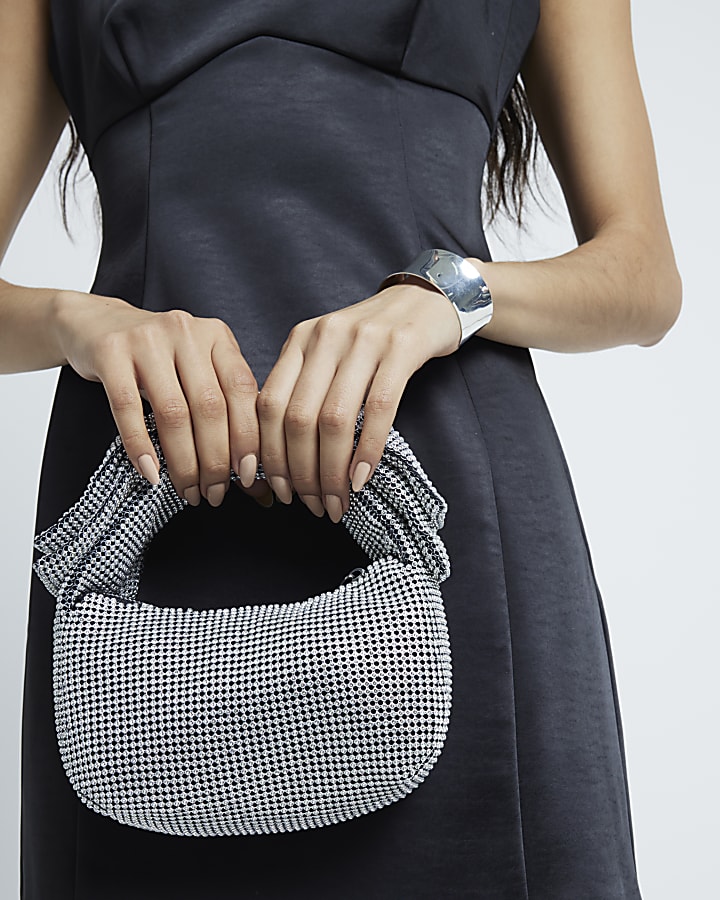Silver Diamante Bow Clutch Bag