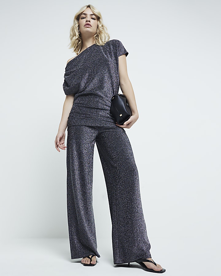 Black Metallic Wide Leg Trousers