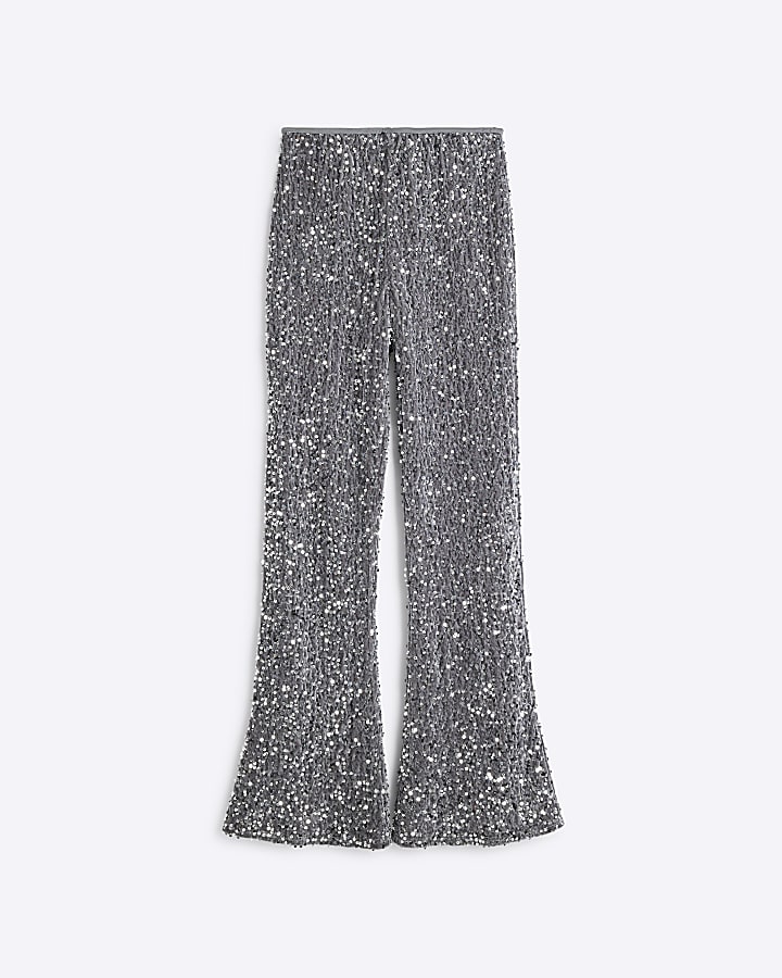 Grey Velvet Sequin Wide Leg Trousers