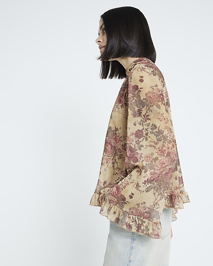 Beige Floral Chiffon Blouse