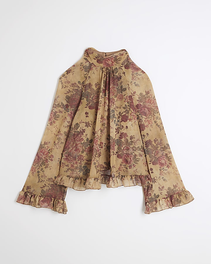 Beige Floral Chiffon Blouse
