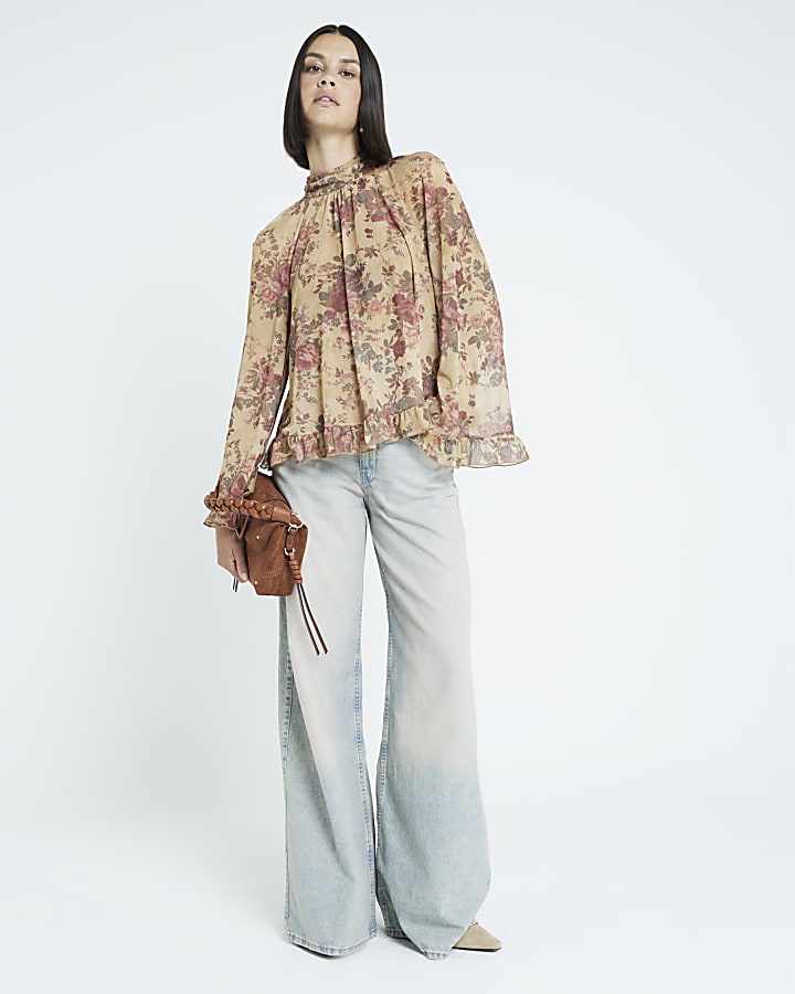 Beige Floral Chiffon Blouse