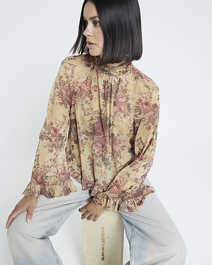 Beige Floral Chiffon Blouse