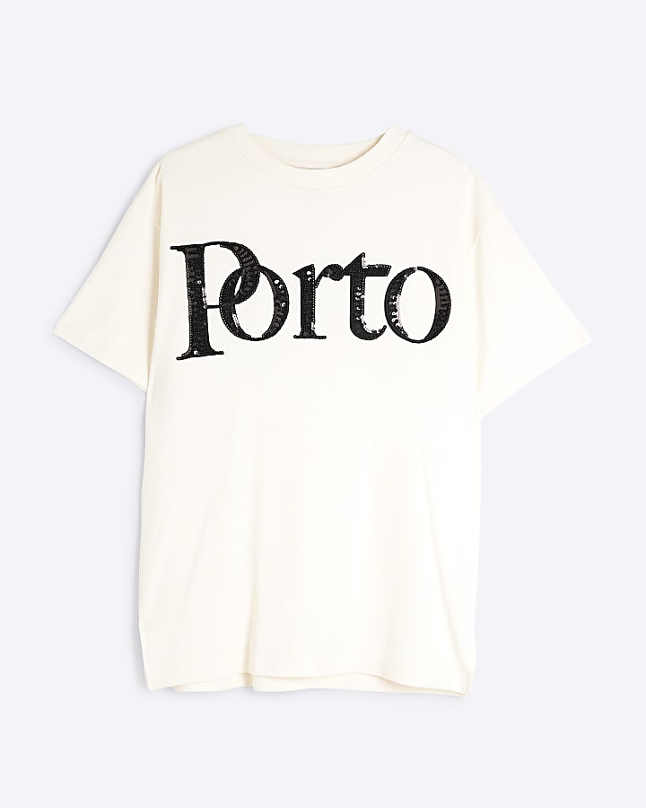 Cream Sequin Oversized Porto t-shirt