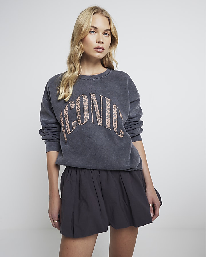 Grey graphic leopard print script sweatshirt