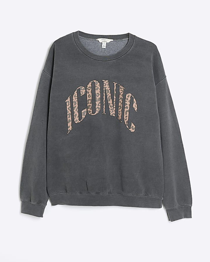 Grey graphic leopard print script sweatshirt