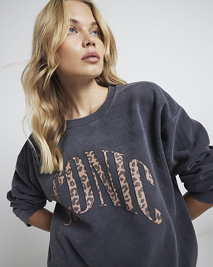Grey graphic leopard print script sweatshirt